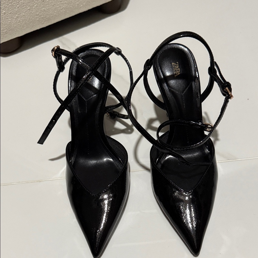 Zara Glossy Black Strappy Heels